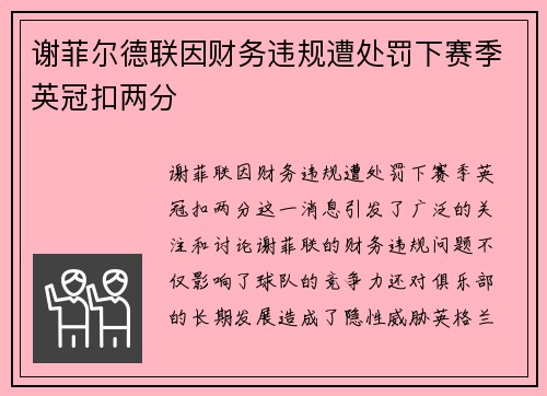 谢菲尔德联因财务违规遭处罚下赛季英冠扣两分